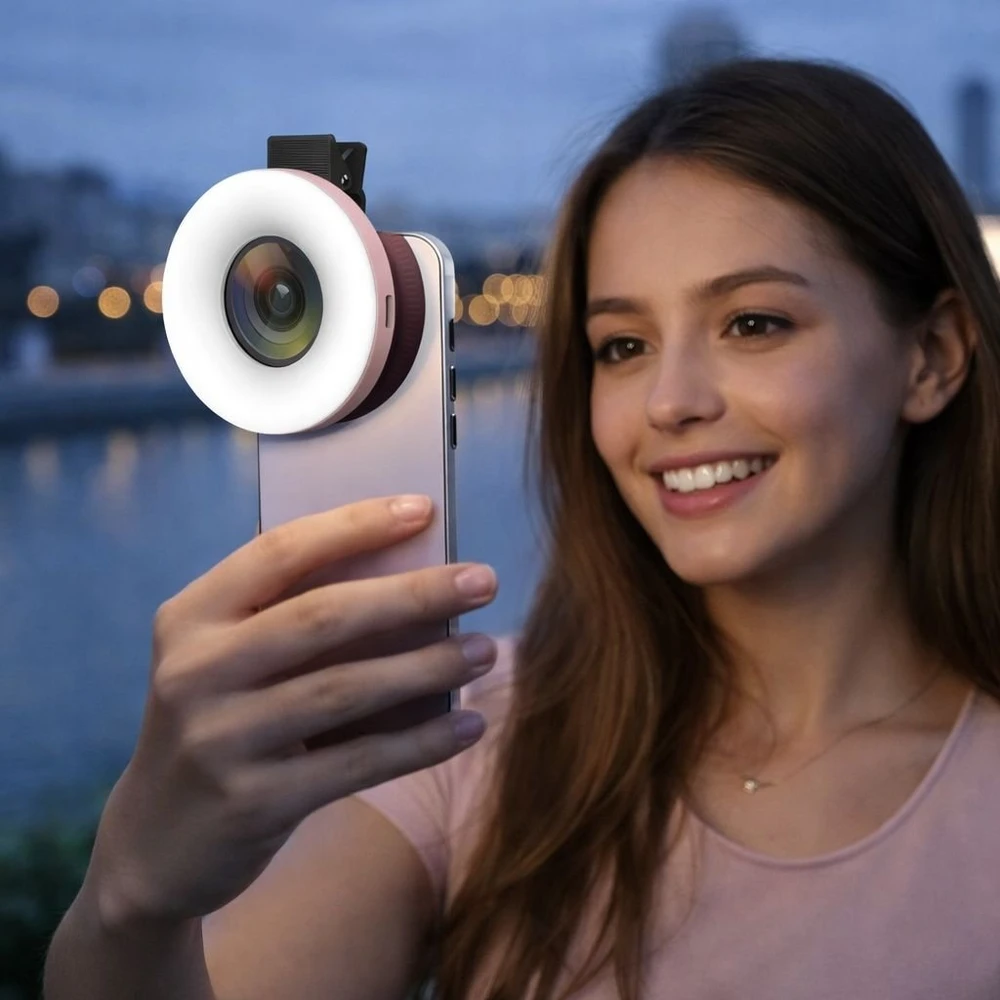MichaelMarinelli LED žiedinis žibintuvėlis + 15 kartų didinantis makro objektyvas + išmaniojo telefono laikiklis / C125 / rožinis