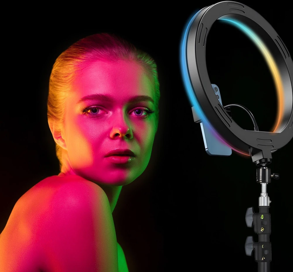 Žiedinė lempa Retoo LAMPA PIERŚCIENIOWA RGB LED SELFIE RING STOVAS Pultas + UCHWYT NA TELEFONAS 210CM