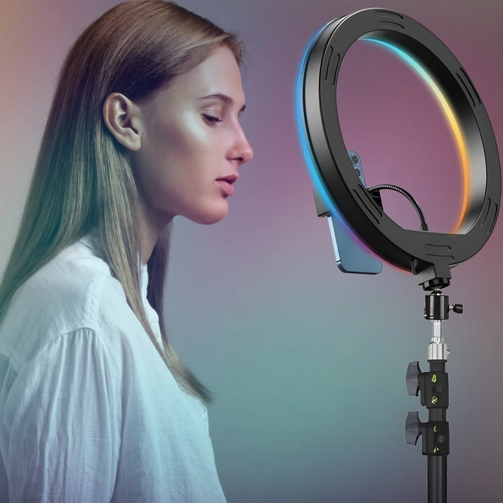 Žiedinė lempa Retoo LAMPA PIERŚCIENIOWA RGB LED SELFIE RING STOVAS Pultas + UCHWYT NA TELEFONAS 210CM