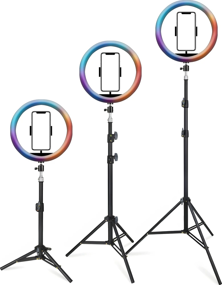 Žiedinė lempa Retoo LAMPA PIERŚCIENIOWA RGB LED SELFIE RING STOVAS Pultas + UCHWYT NA TELEFONAS 210CM