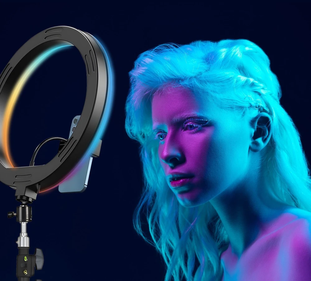 Žiedinė lempa Retoo LAMPA PIERŚCIENIOWA RGB LED SELFIE RING STOVAS Pultas + UCHWYT NA TELEFONAS 210CM
