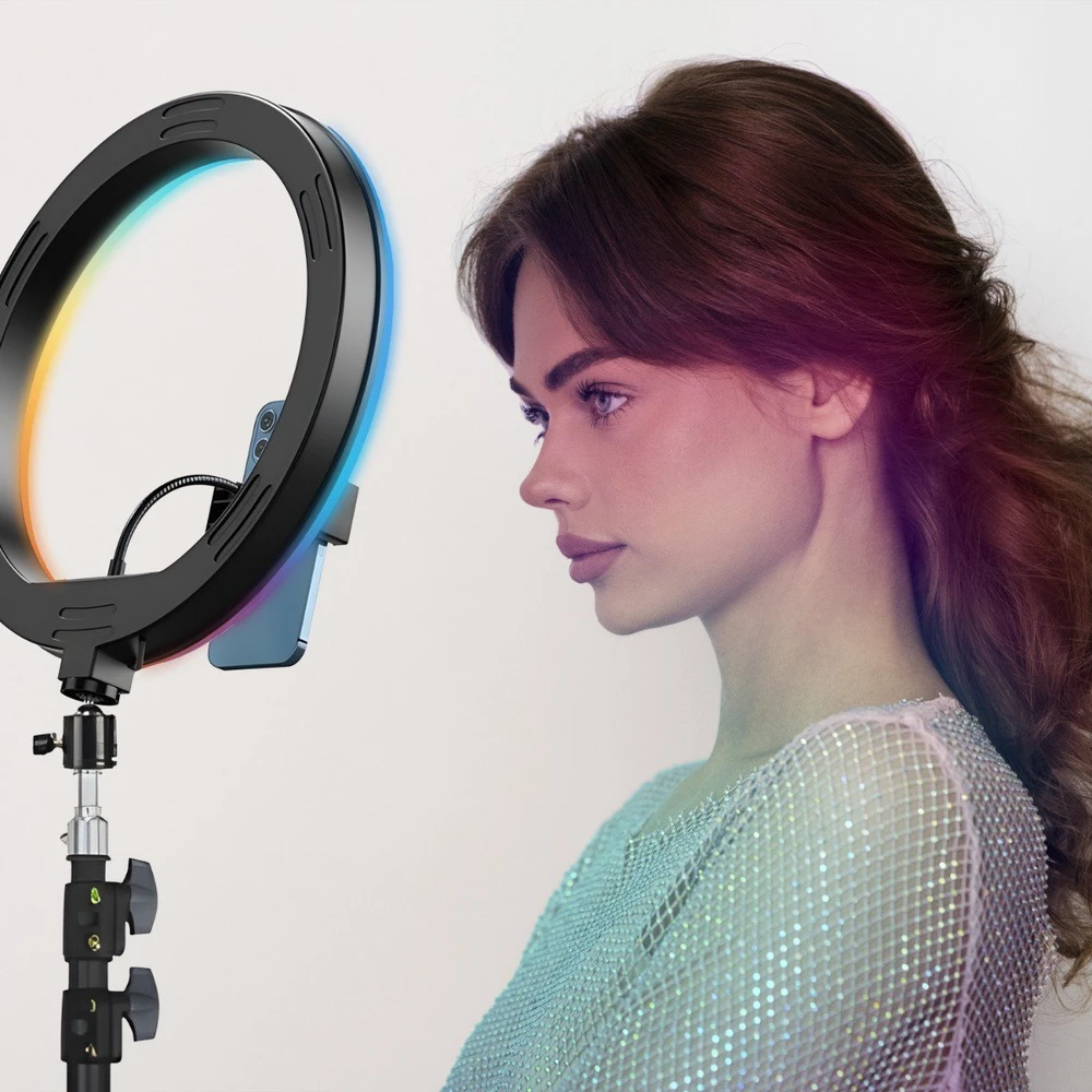 Žiedinė lempa Retoo LAMPA PIERŚCIENIOWA RGB LED SELFIE RING STOVAS Pultas + UCHWYT NA TELEFONAS 210CM