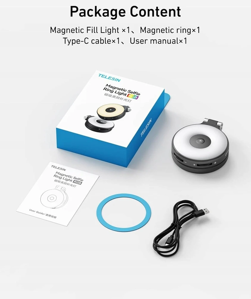 Telesin magnetinė žiedinė selfie lemputė RGB versija