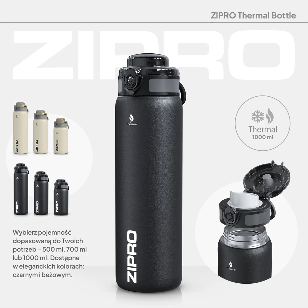 ZIPRO termo puodelis 1000 ml, nerūdijančio plieno, juodas