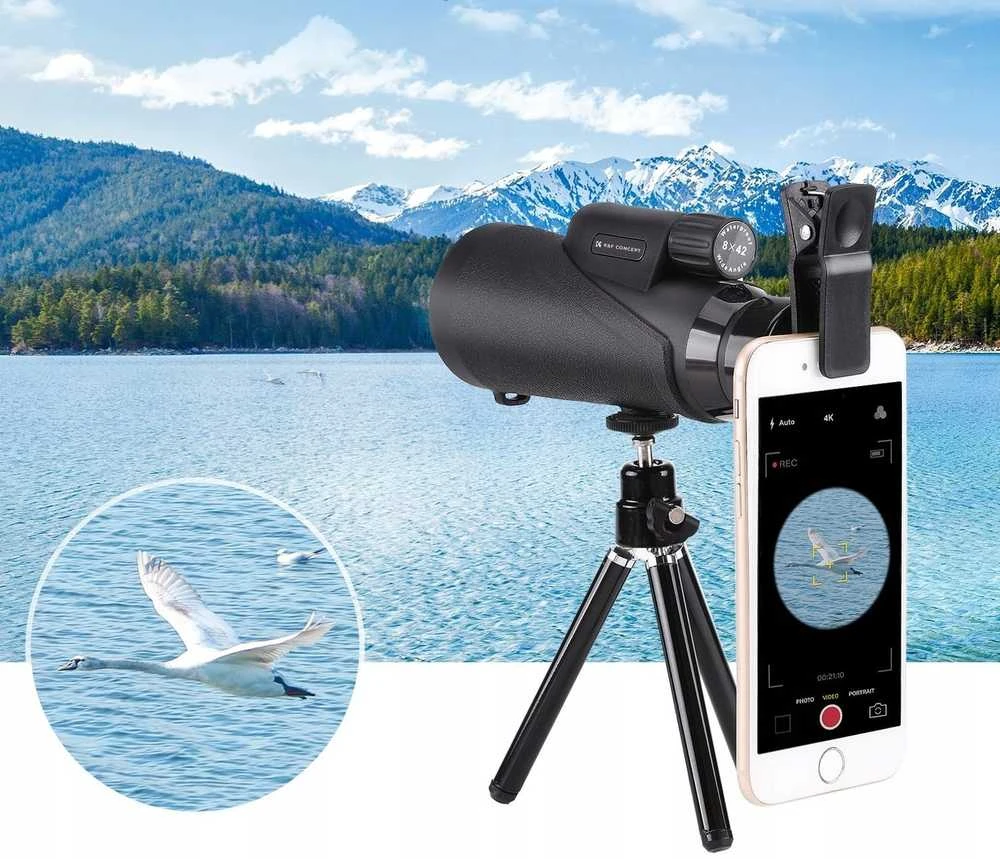 Žiūronai Luneta Kf Monokular Luneta K&F ZOOM 8x 42mm BaK4 IP68 + Dėklas Statyw Laikiklis na Telefonas
