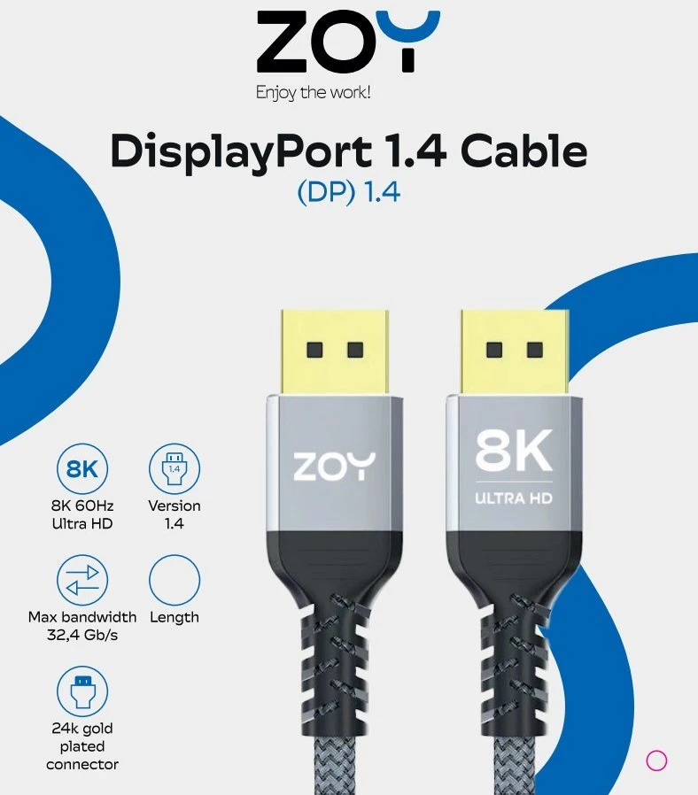 ZOY DisplayPort 1.4 laidas su 8K raiška