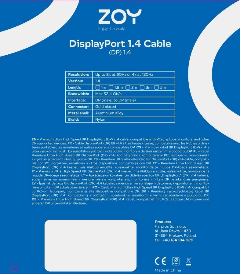 ZOY DisplayPort 1.4 kabelio techninių parametrų schema