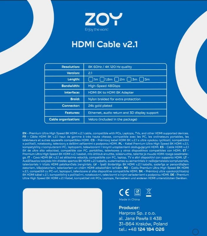 ZOY HDMI v.2.1 kabelio specifikacijų etiketė