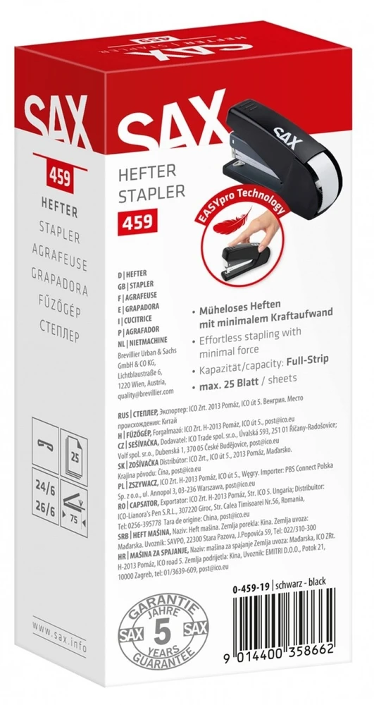 Segtuvas SAX 459 EasyPro M+, susega iki 25 lapų, 24/6, 26/6, juodas (ISAXE459-05)