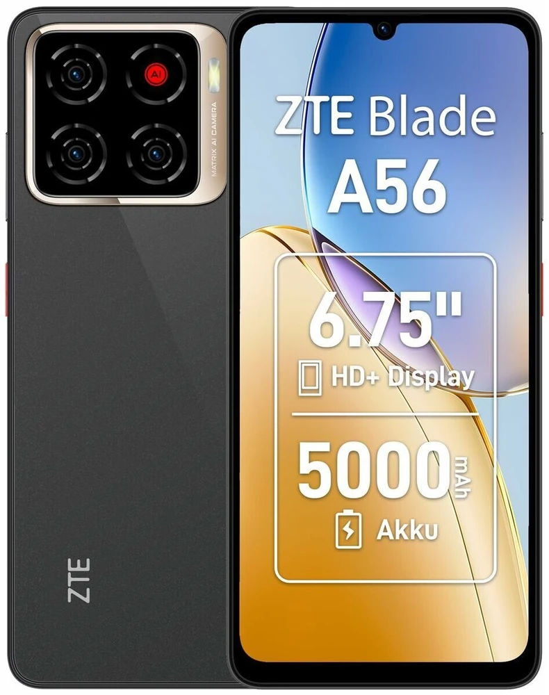 Išmanusis telefonas ZTE ZTE Blade A56 - 4G Išmanusis telefonas - Dual-SIM - RAM 4 GB / Interner Atmintis 64 GB - Micro SD slot - 6.75" - 1600 x 720 Pixel (90 Hz) - Triple-Kamera 13 MP, 0.08 MP, 0,08 MP - front camera 8 MP - Tiefschwarz