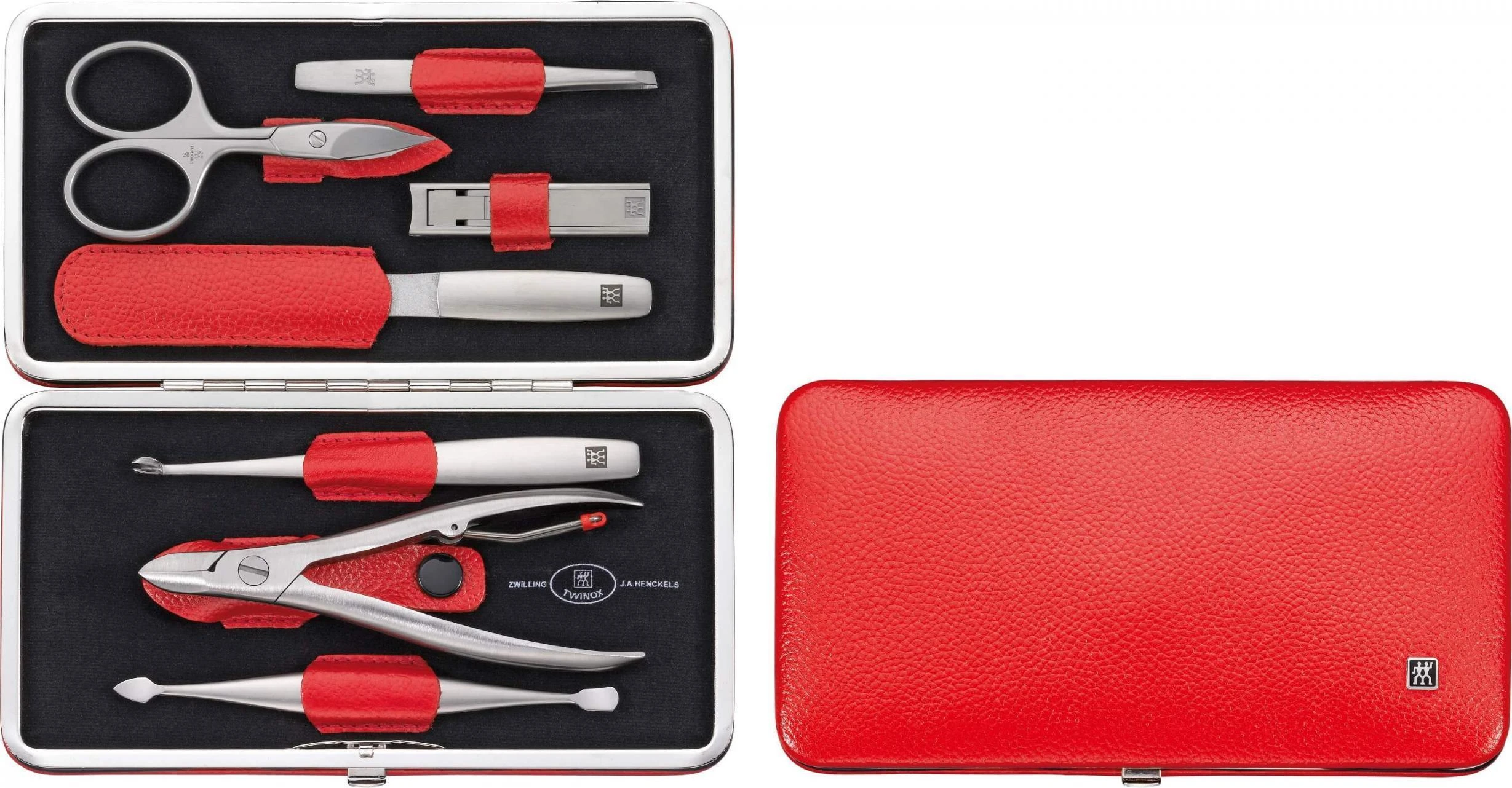 ZWILLING TWINOX Rinkinys kelioninis - raudona skórzane etui, 7 dalys