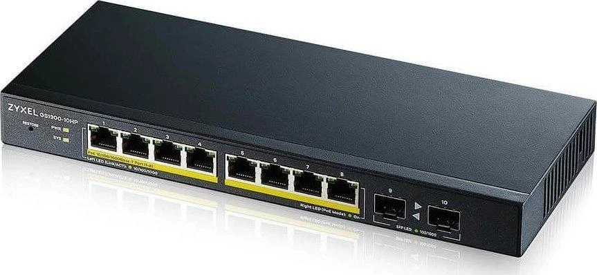 Šakotuvas ZYXEL GS1900-10HP V2, 8-PORT GBE L2 POE SMART SWITCH + 2 SFP SLOTS, 802.3AT, DESKTOP, FANLESS, 70 WATT (5Y WARRANTY)