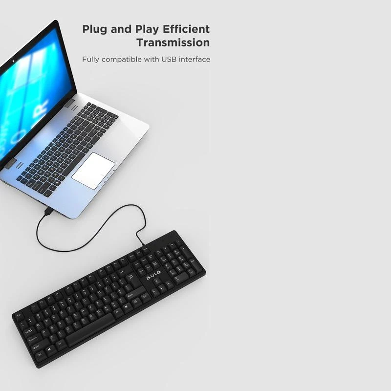 Aula AK205 Ergonomiska klusu taustiņu klaviatūra ar 104 pogām EN / RUS izkārtojums 1.5m USB Vads Melna