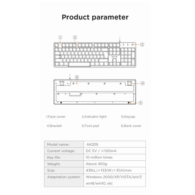 Aula AK205 Ergonomiska klusu taustiņu klaviatūra ar 104 pogām EN / RUS izkārtojums 1.5m USB Vads Melna
