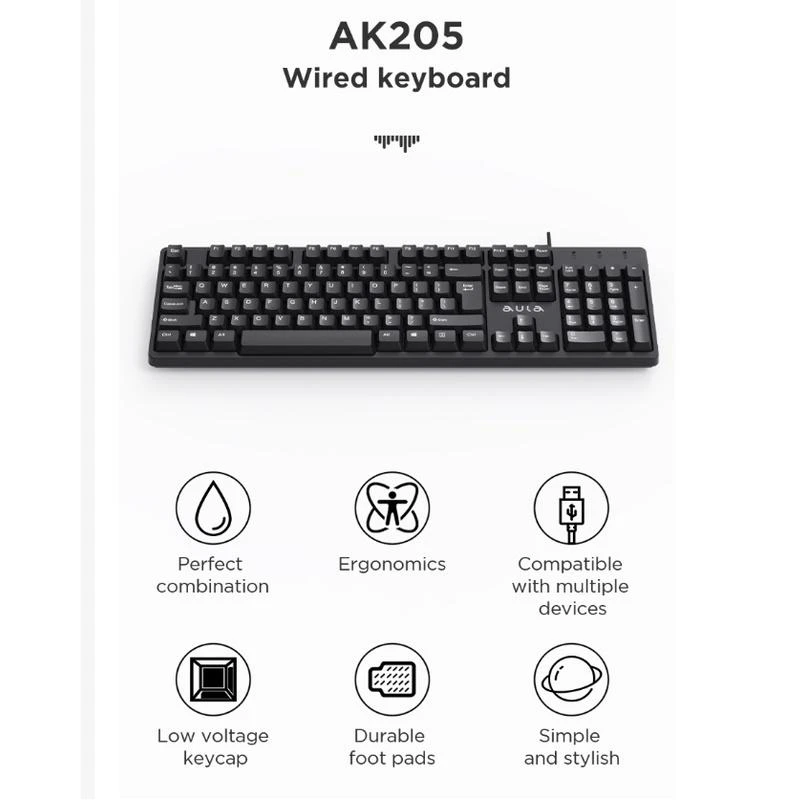 Aula AK205 Ergonomiska klusu taustiņu klaviatūra ar 104 pogām EN / RUS izkārtojums 1.5m USB Vads Melna