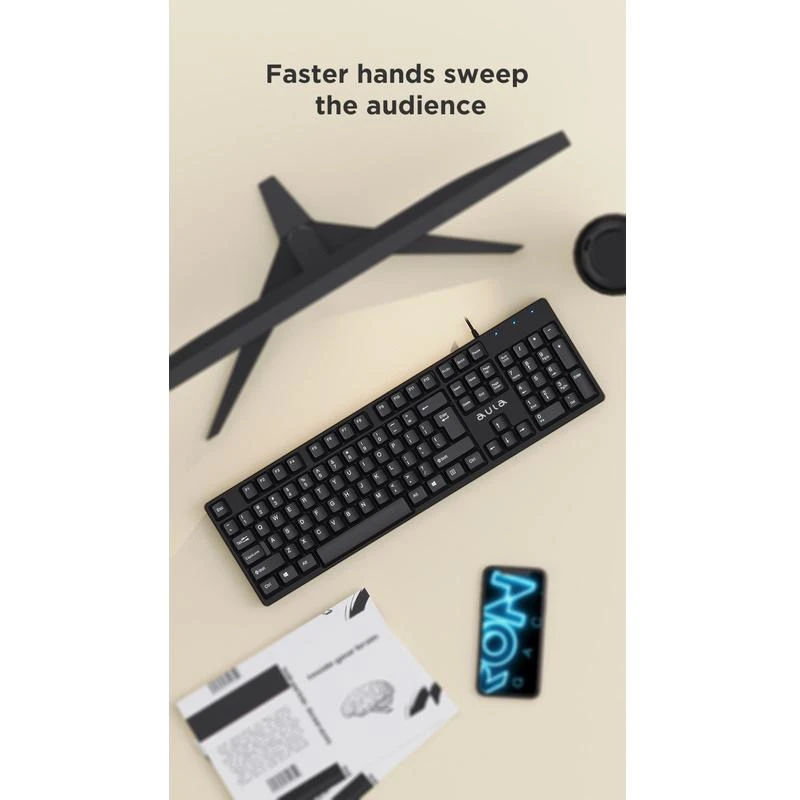 Aula AK205 Ergonomiska klusu taustiņu klaviatūra ar 104 pogām EN / RUS izkārtojums 1.5m USB Vads Melna