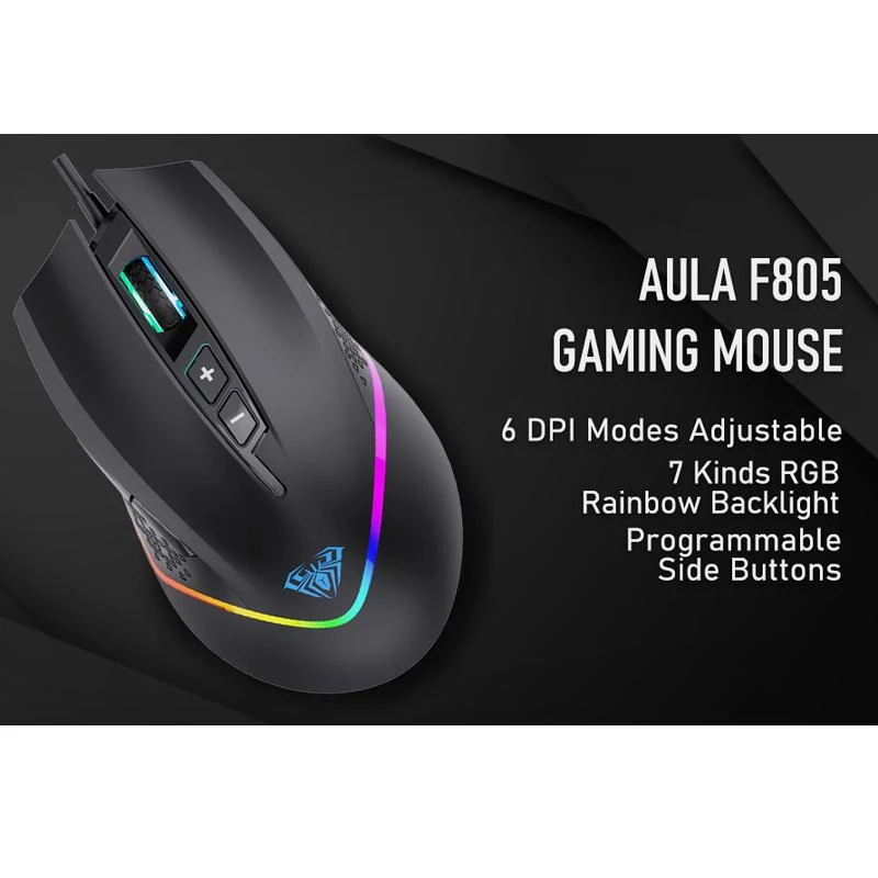 Aula F805 Multi-krāsu apgaismojuma Vada Spēļu Optiskā pele 7 pogas 800-6400dpi 4000FPS 32ips Melna
