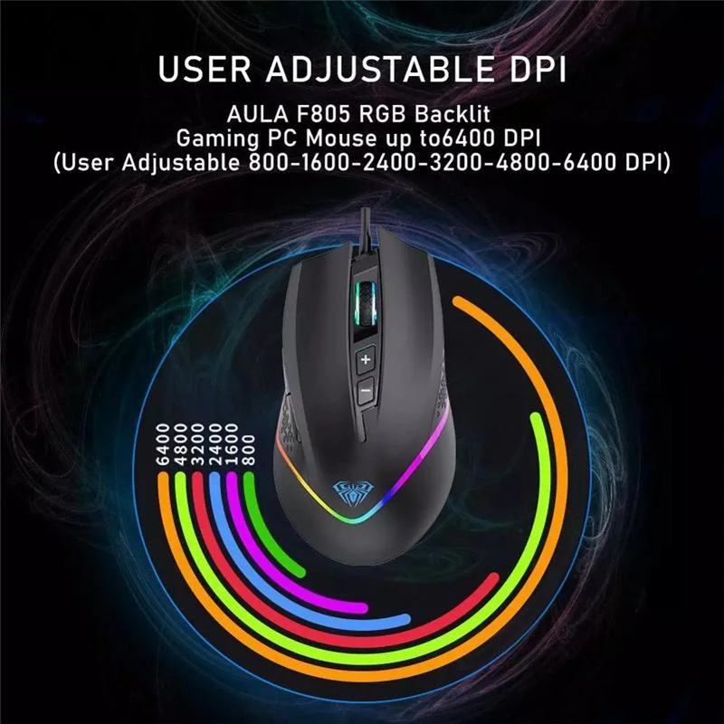 Aula F805 Multi-krāsu apgaismojuma Vada Spēļu Optiskā pele 7 pogas 800-6400dpi 4000FPS 32ips Melna