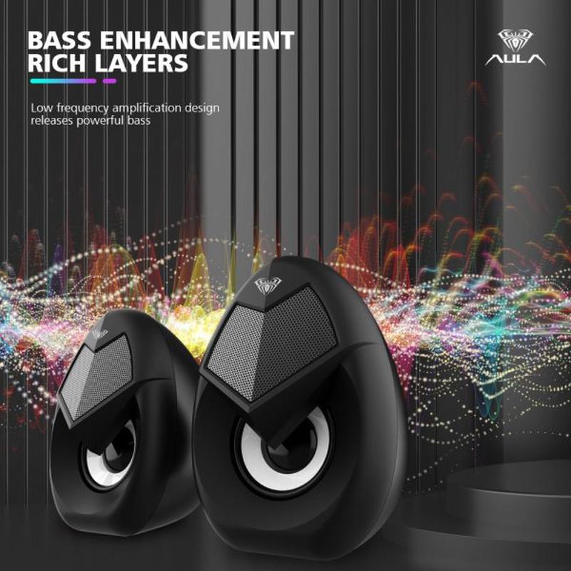 Kompiuterio kolonėlės Aula N-69 Stilīgas Kompaktas Datora / Poratīvā 2.0 10W Stereo Skaļruņi 3.5mm + USB RGB + Pults Melna