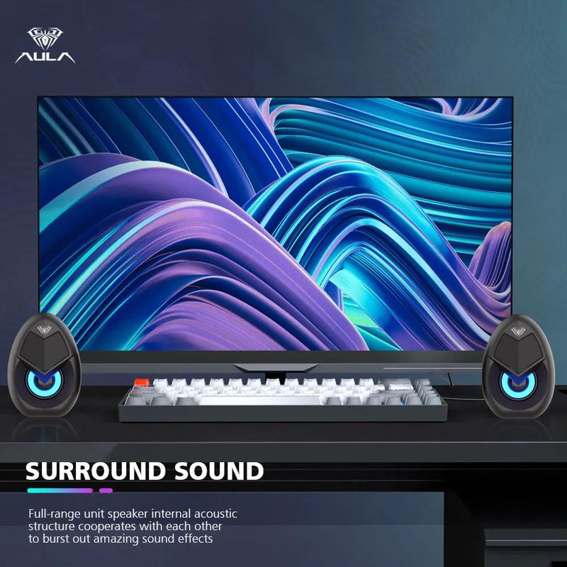 Kompiuterio kolonėlės Aula N-69 Stilīgas Kompaktas Datora / Poratīvā 2.0 10W Stereo Skaļruņi 3.5mm + USB RGB + Pults Melna