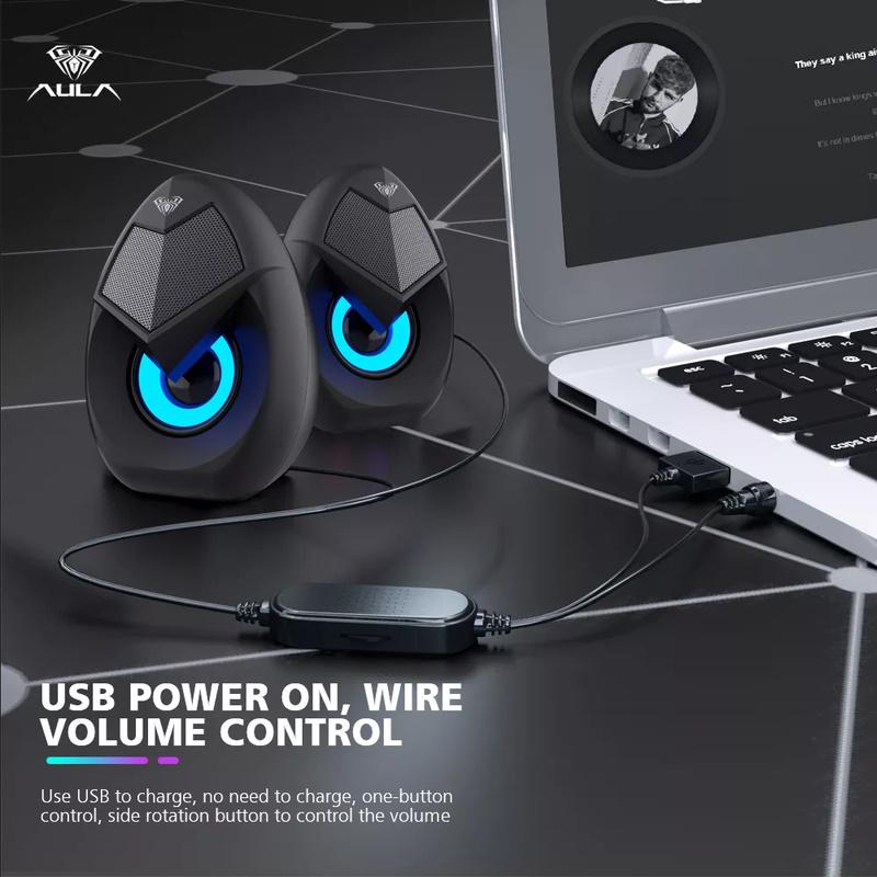 Kompiuterio kolonėlės Aula N-69 Stilīgas Kompaktas Datora / Poratīvā 2.0 10W Stereo Skaļruņi 3.5mm + USB RGB + Pults Melna