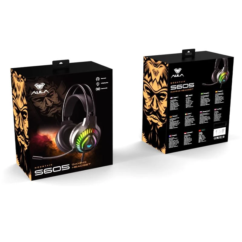 „Aula S605 Noise-Off“ žaidimų ausinės, 50 mm tvarkyklės 2 m laidas 2 x 3,5 mm garso / mikrofonas + USB RGB LED juodas
