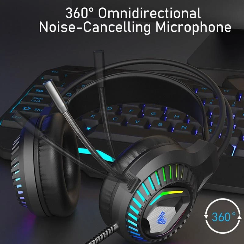 „Aula S605 Noise-Off“ žaidimų ausinės, 50 mm tvarkyklės 2 m laidas 2 x 3,5 mm garso / mikrofonas + USB RGB LED juodas