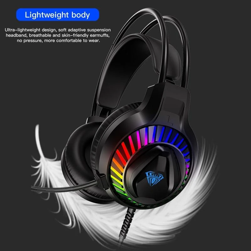 „Aula S605 Noise-Off“ žaidimų ausinės, 50 mm tvarkyklės 2 m laidas 2 x 3,5 mm garso / mikrofonas + USB RGB LED juodas