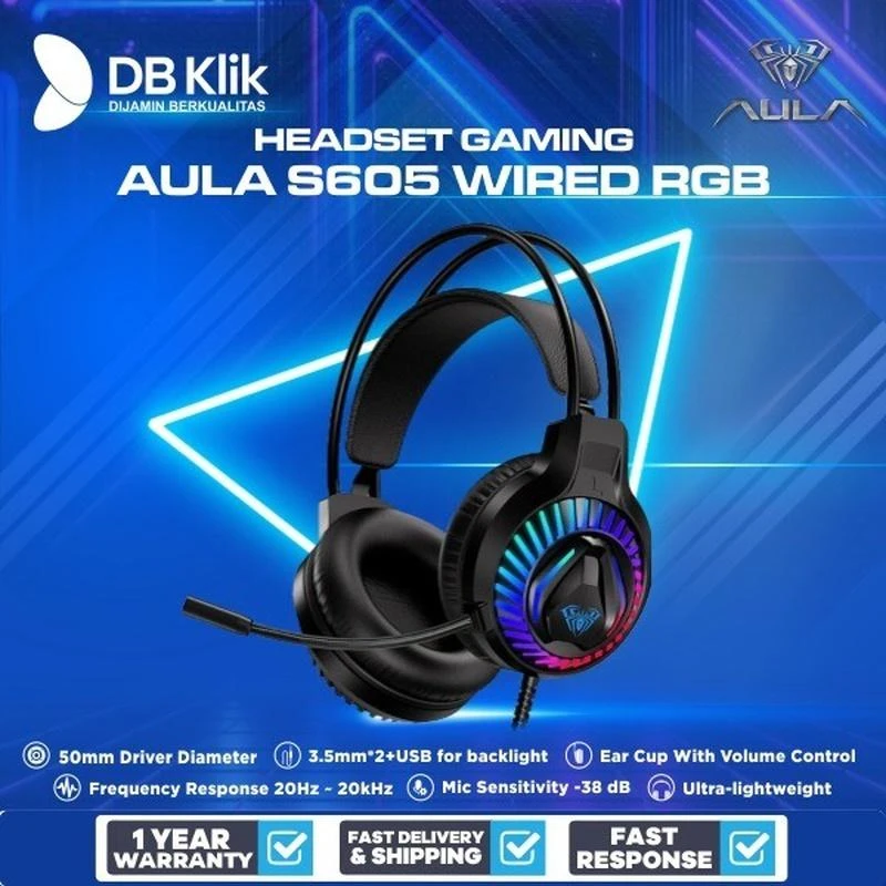 „Aula S605 Noise-Off“ žaidimų ausinės, 50 mm tvarkyklės 2 m laidas 2 x 3,5 mm garso / mikrofonas + USB RGB LED juodas