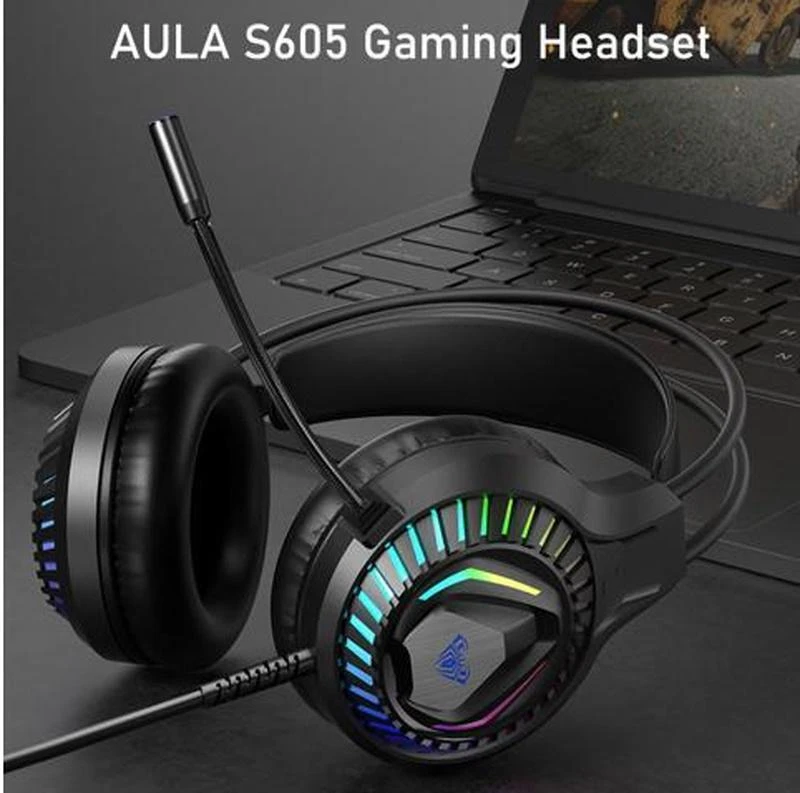 „Aula S605 Noise-Off“ žaidimų ausinės, 50 mm tvarkyklės 2 m laidas 2 x 3,5 mm garso / mikrofonas + USB RGB LED juodas