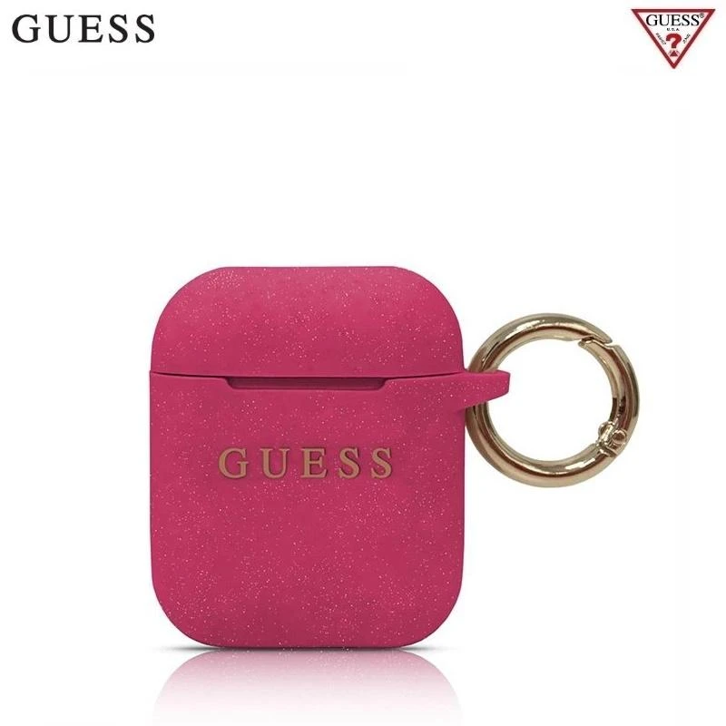 Guess fuksijos spalvos AirPods dėklas su blizgučiais