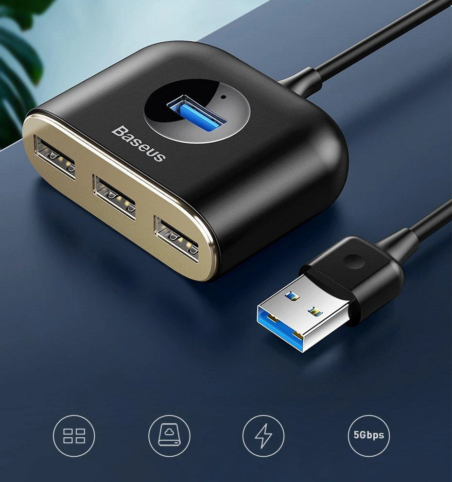 USB įkrovimo adapteris Baseus Square round 4in1 (USB3.0 TO USB3.0*1+USB2.0*3) 1m juodas CAHUB-AY01