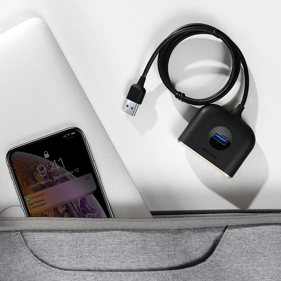 USB įkrovimo adapteris Baseus Square round 4in1 (USB3.0 TO USB3.0*1+USB2.0*3) 1m juodas CAHUB-AY01