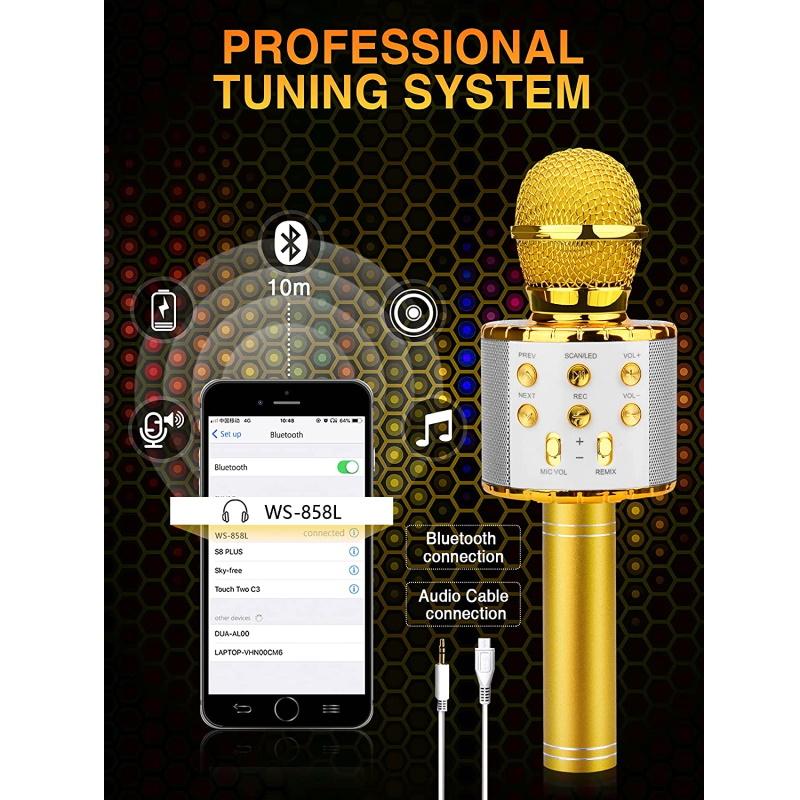 iWear M85 Karaoke Mikrofonu Bērniem un Pieaugušajiem Ar Efektu un Skaļruņiem & Rekodu Micro SD USB Bluetooth Zeltains