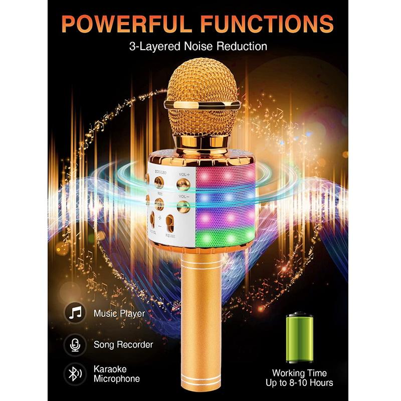 iWear M85 Karaoke Bērniem un Pieaugušajiem Fun Effect Mikrofons ar Skaļruņiem un Ierakstu Micro SD USB Bluetooth Rozā Zeltā