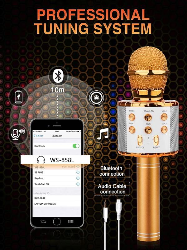 iWear M85 Karaoke Bērniem un Pieaugušajiem Fun Effect Mikrofons ar Skaļruņiem un Ierakstu Micro SD USB Bluetooth Rozā Zeltā