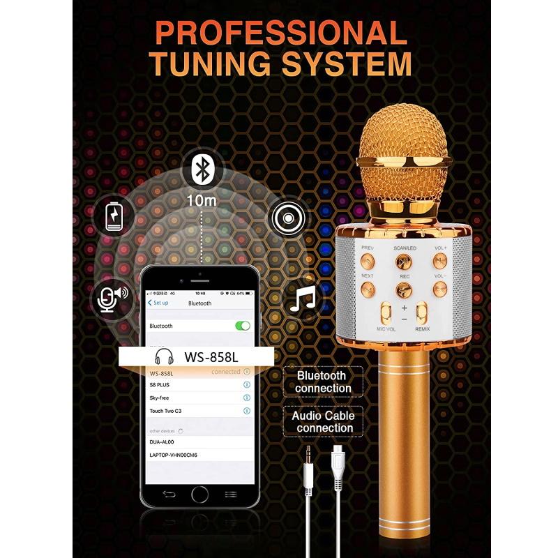 iWear M85 Karaoke Bērniem un Pieaugušajiem Fun Effect Mikrofons ar Skaļruņiem un Ierakstu Micro SD USB Bluetooth Rozā Zeltā