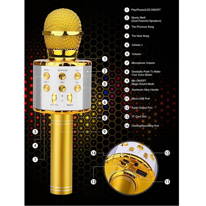 iWear M85 Karaoke Mikrofonu Bērniem un Pieaugušajiem Ar Efektu un Skaļruņiem & Rekodu Micro SD USB Bluetooth Zeltains