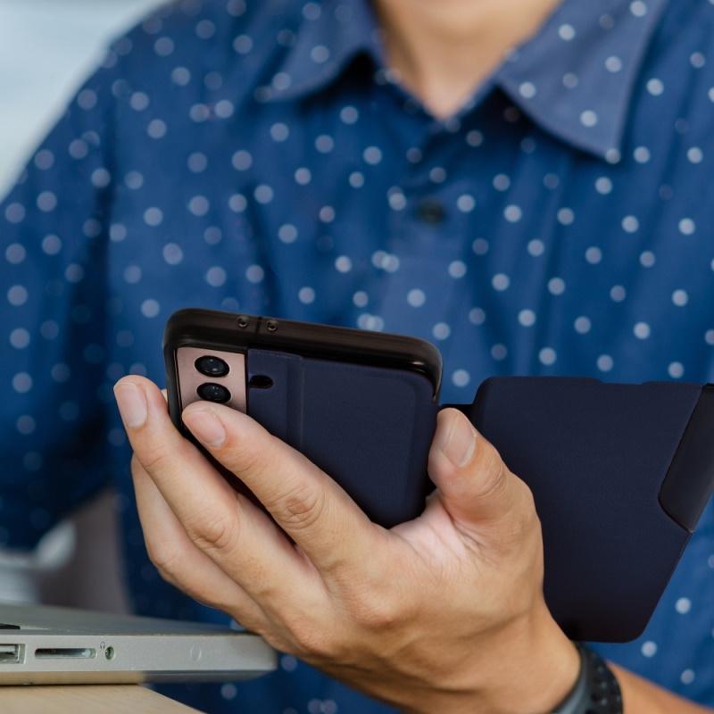 iLike Blun Smart View Premium matinis ekologinės odos magnetinis fiksavimo knygos dėklas su stovu Samsung Galaxy A22 5G (A226B) Mėlynas
