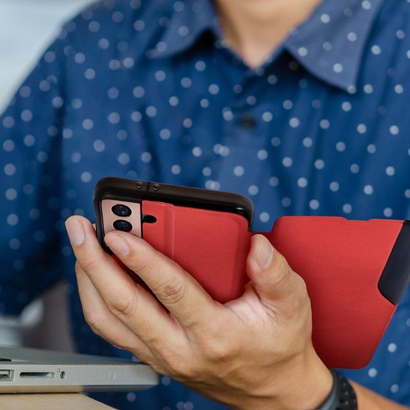 iLike Blun Smart View Premium matinis ekologinės odos magnetinis fiksavimo knygos dėklas su stovu Samsung Galaxy A22 5G (A226B) Raudonas