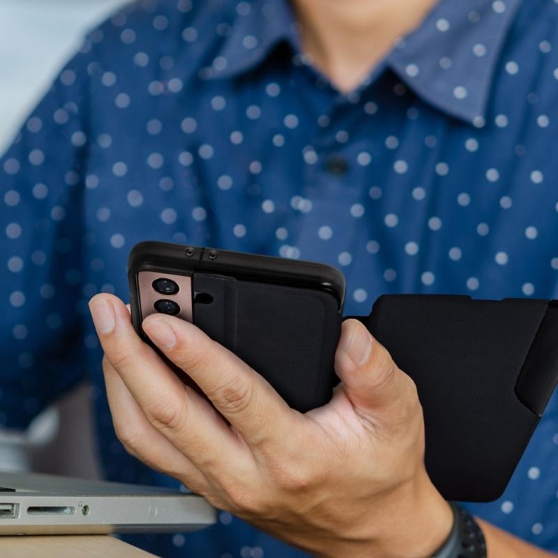 iLike Blun Smart View Premium matinis ekologinės odos magnetinis fiksavimo knygos dėklas Samsung Galaxy A03S juodas