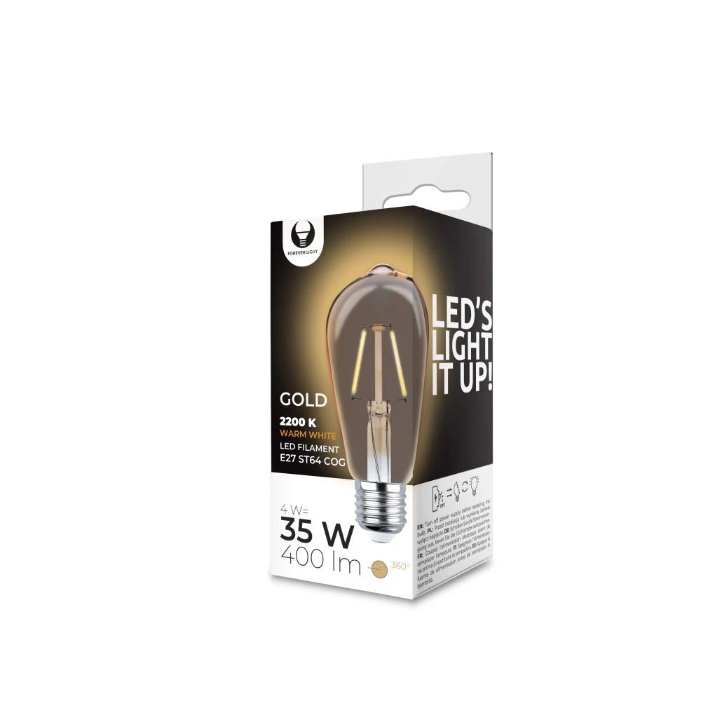 LED lemputė Filament E27 ST64 4W 230V 2200K 400lm COG auksinis Forever Light