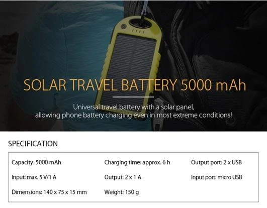 Nešiojamas įkroviklis su saulės baterija Forever Tecnostyle 5000MAH BK