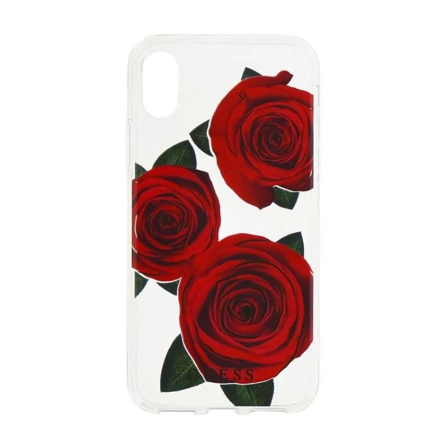 Guess Flower Desire Raudona Rose iPhone X dėklas – skaidrus