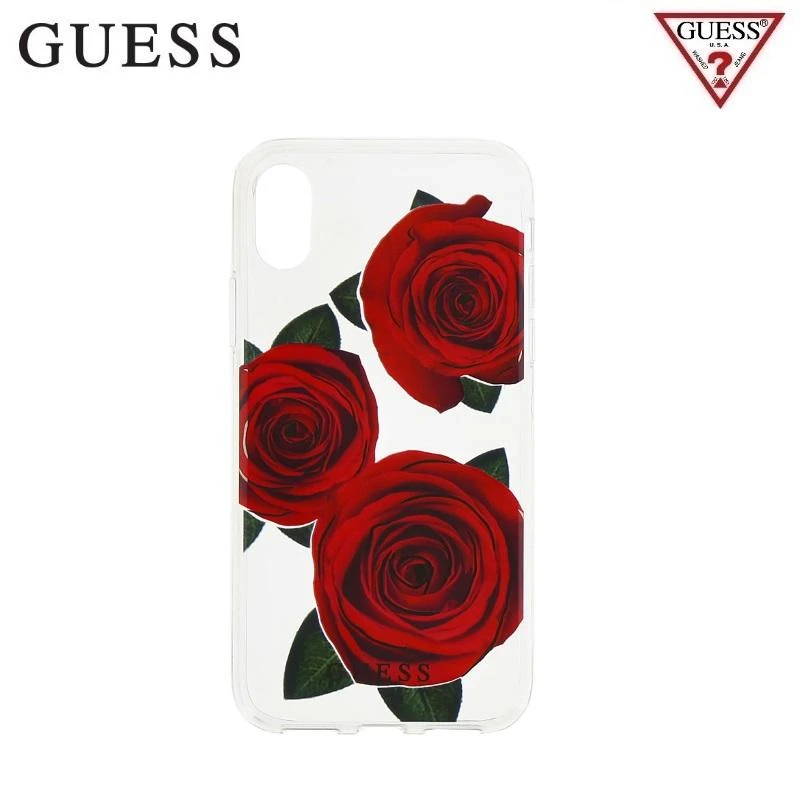 Guess Flower Desire Raudona Rose iPhone X dėklas – skaidrus
