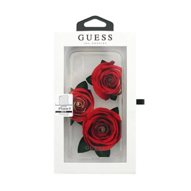 Guess Flower Desire Raudona Rose iPhone X dėklas – skaidrus