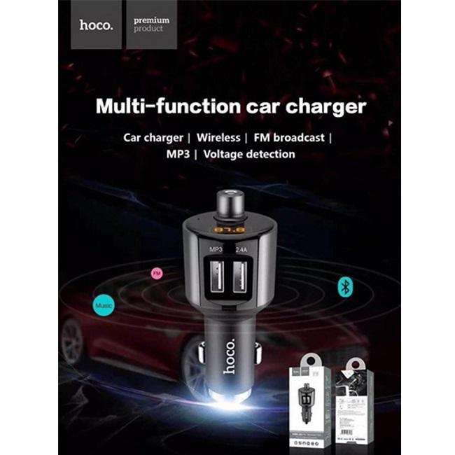 Gsm City Automobilinis įkroviklis + FM siųstuvas Hoco E19 Smart vehicle (bluetooth, 2.4A) pilkas