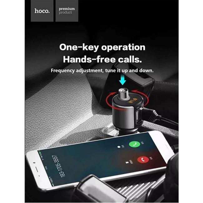Gsm City Automobilinis įkroviklis + FM siųstuvas Hoco E19 Smart vehicle (bluetooth, 2.4A) pilkas