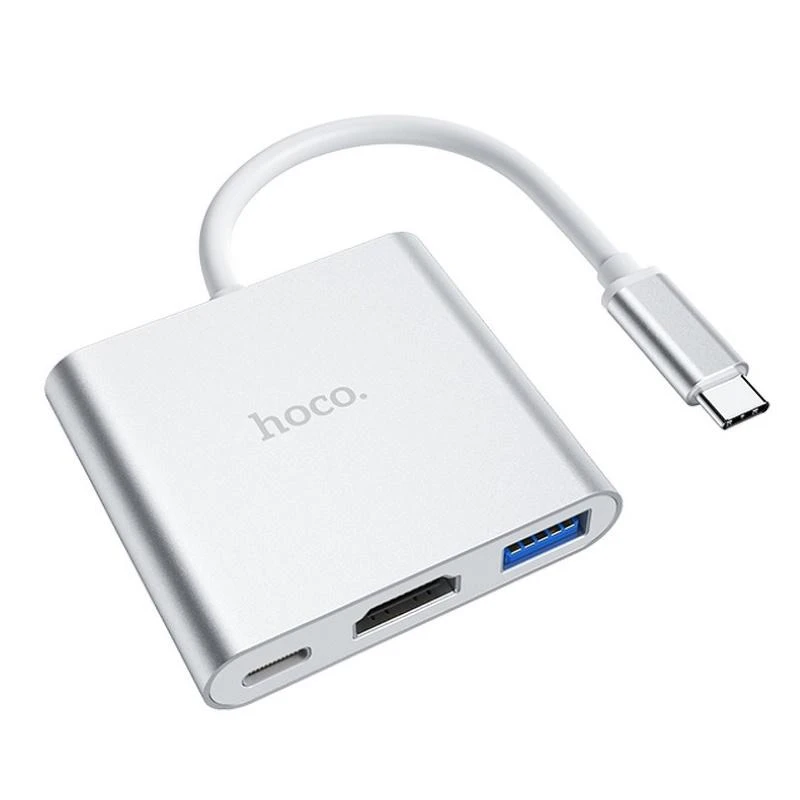 Adapteris Hoco HB14 Type-C to USB-A+HDMI+Type-C sidabrinis