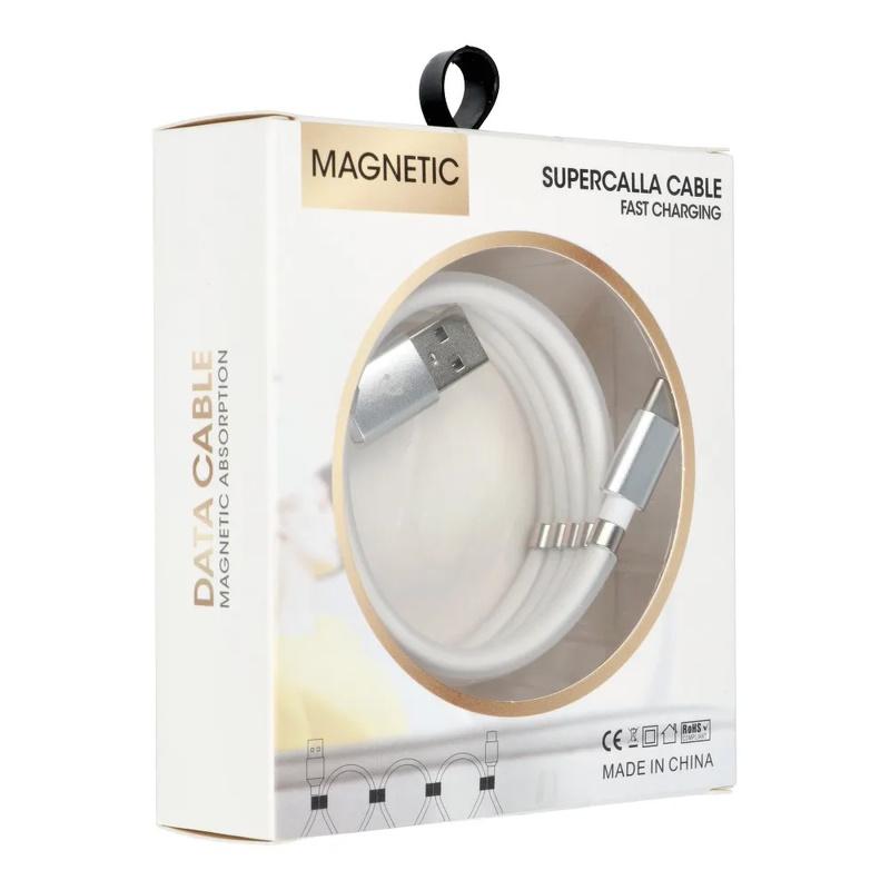 Oho Wow USB-C uz USB-C PD 60W 3A Super Ātras Uzlādes 1m Kabelis ar iebūvētu magnētisku kabeļa organizātoru Balta
